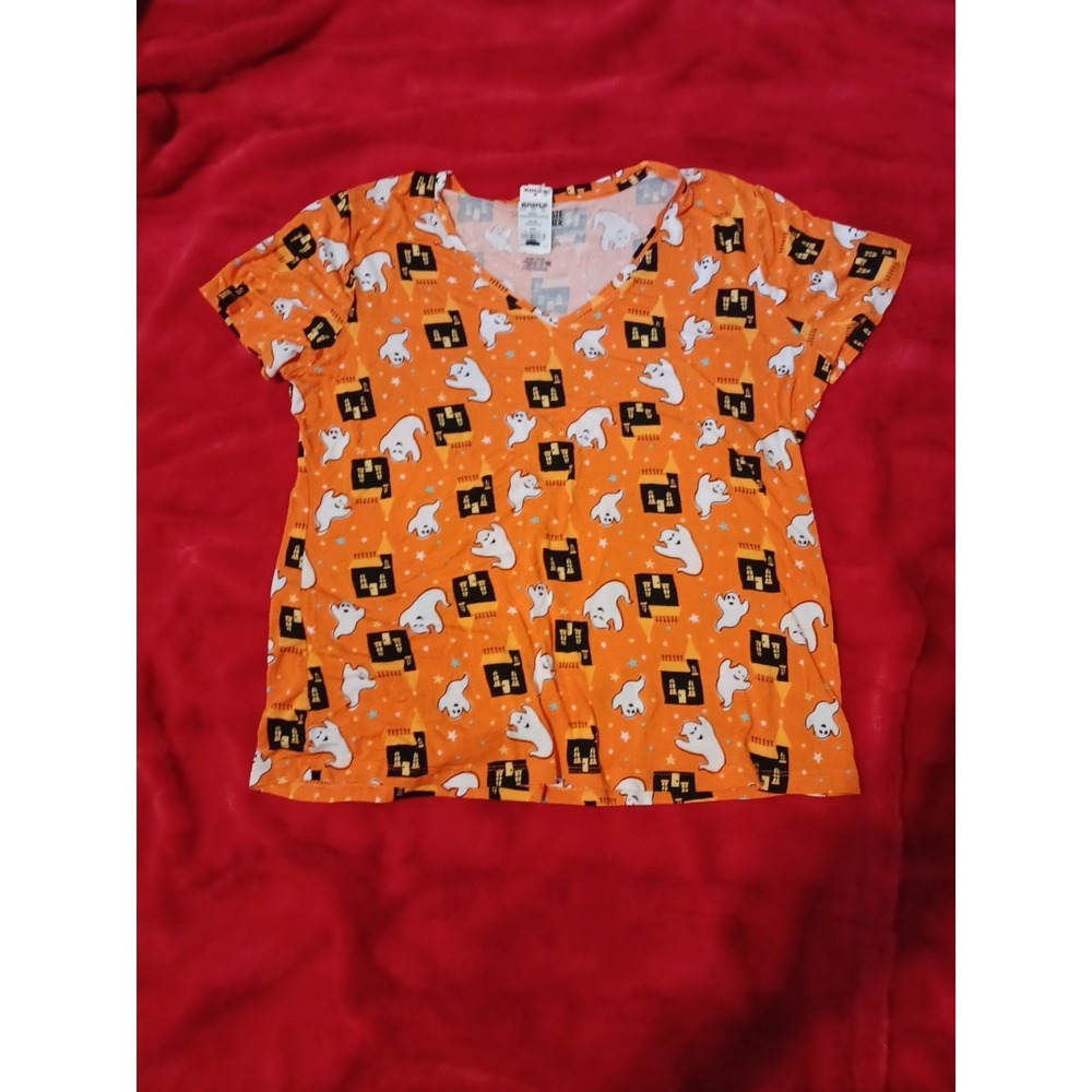 Celebrate Together Halloween Ghost Haunted House Orange V-Neck T-Shirt XL NEW